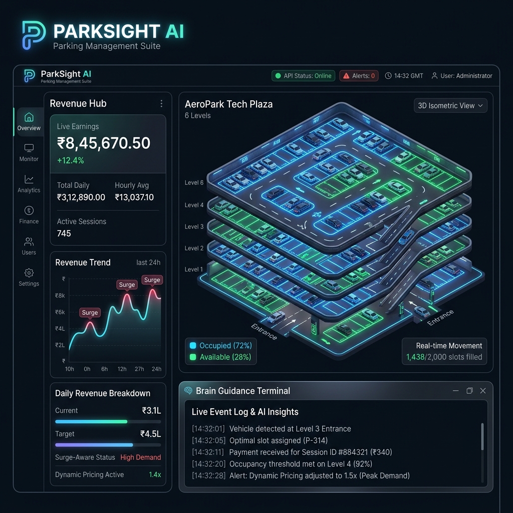 ParkSight project concept visual from its repository, showing parking occupancy and operations.